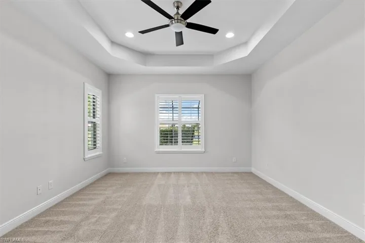 Carpeted spare room featuring a tray ceiling and ceiling fan