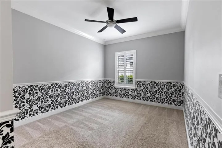 Empty room with ceiling fan, carpet flooring, and ornamental molding