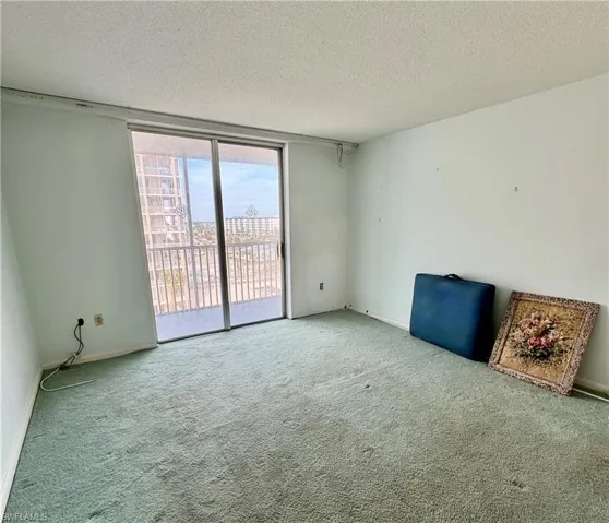 Carpeted spare room featuring a textured ceiling
