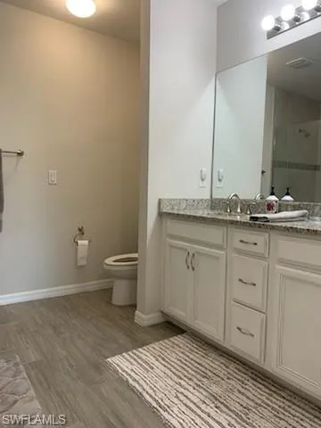 Bathroom with vanity, toilet, and hardwood / wood-style flooring