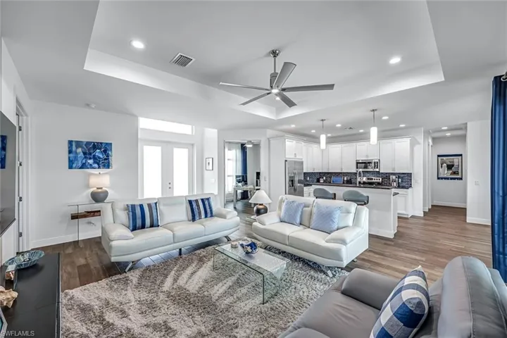 Living room featuring a tray ceiling, wood pattern tile floors, ceiling fan, and french doors