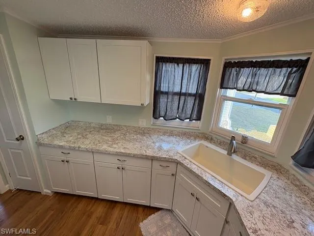 Kitchen featuring a sink, white cabinetry, a textured ceiling, dark wood finished floors, and ornamental molding