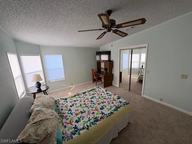 Carpeted bedroom with a textured ceiling, a closet, vaulted ceiling, and visible vents