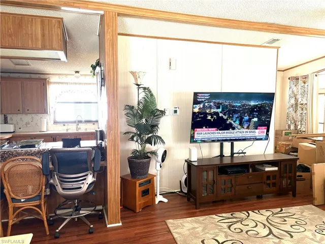 Living room with a textured ceiling and wood-type flooring
