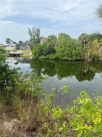 Waterfront property featuring a private boat dock with pilings, a calm canal, and lush tropical foliage