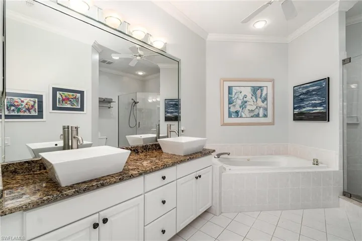 Master bathroom featuring a jet tub, a stall shower and dual sinks