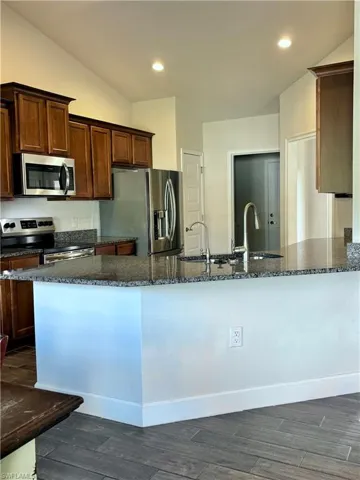 Kitchen with dark granite counters, stainless steel appliances, recessed lighting, dark wood-type flooring, and a sink
