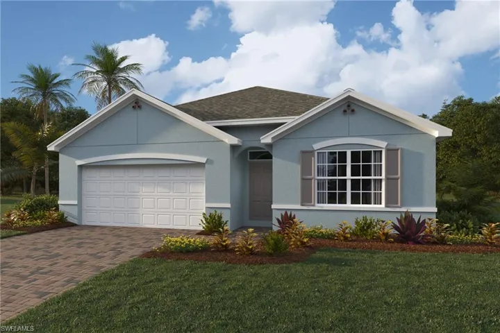 Single story home with decorative driveway, an attached garage, a front yard, a shingled roof, and stucco siding