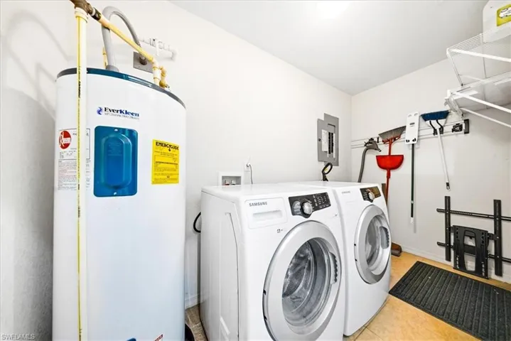 Laundry room featuring water heater, electric panel, and separate washer and dryer