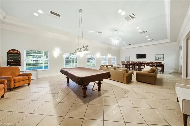 Game room with crown molding, billiards table, and recessed lighting