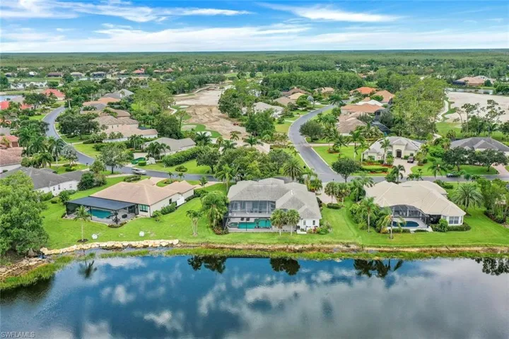 Birds eye view of property with a water view