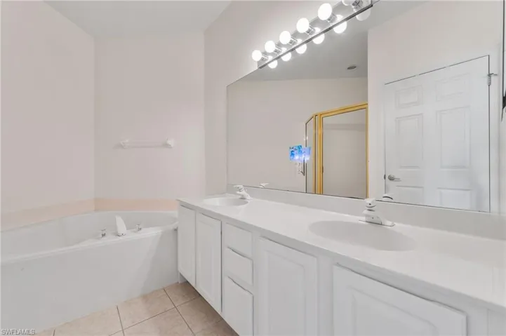 Primary bathroom has dual vanities, separate soaking tub, walk in closet and private water closet.