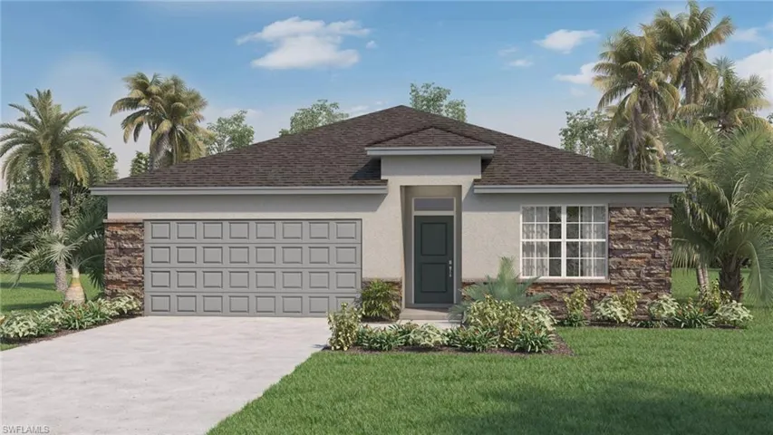 Single story home with stucco siding, driveway, stone siding, a front yard, and a garage