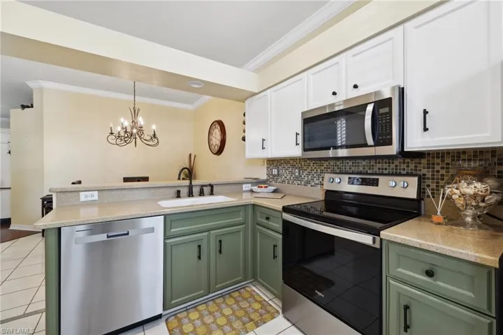 Kitchen featuring backsplash, green cabinetry, a peninsula, stainless steel appliances, and a sink
