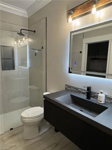 Bathroom with vanity, tiled shower, light wood finished floors, ornamental molding, and tasteful backsplash