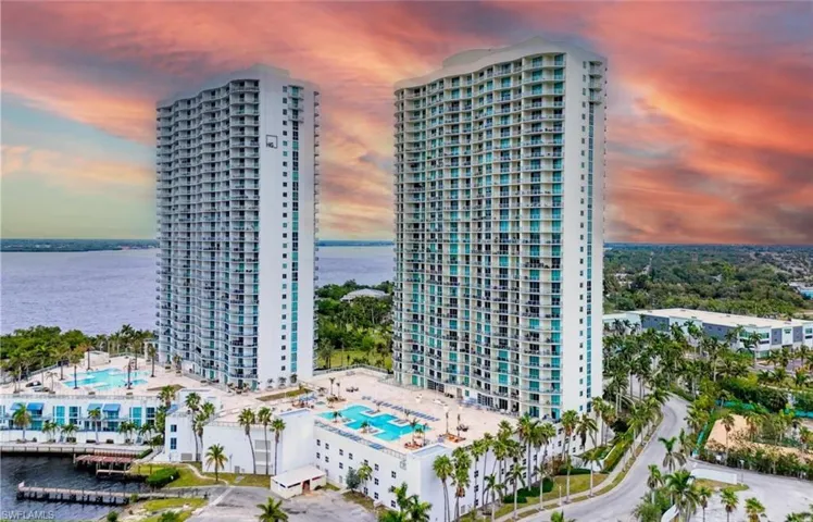 Outdoor building at dusk with a water view