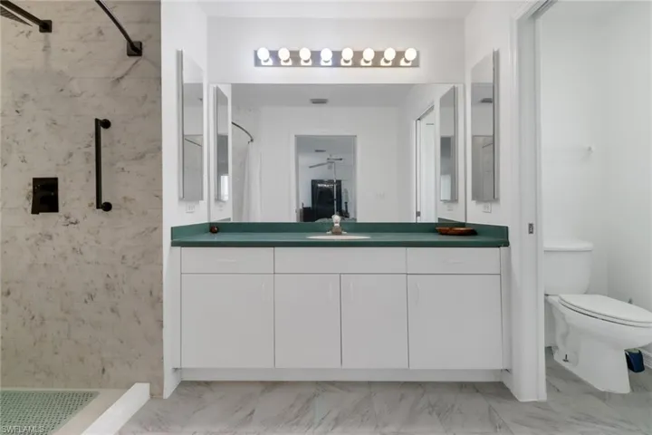 Bathroom with a tile shower, vanity, and toilet