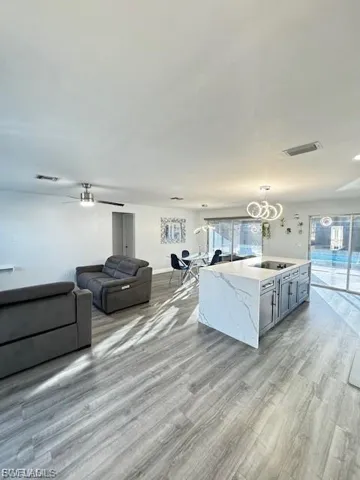 Living area with plenty of natural light, light wood finished floors, and a ceiling fan