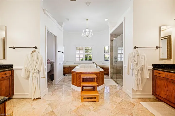 Bathroom with a shower stall, a notable chandelier, crown molding, and vanity
