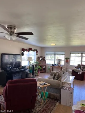 Living room featuring ceiling fan and hardwood / wood-style flooring