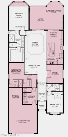 Additional highlights include: tray ceilings, a bay window in the primary bedroom, tandem garage, casual dining area extension, gourmet kitchen, covered extended lanai, 10ft ceilings, outdoor kitchen rough-in and a study with double doors.