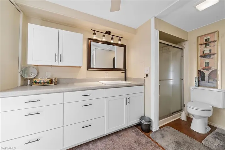 Full bathroom with a shower stall, vanity, and dark wood-type flooring