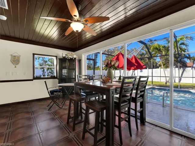 Dining space with ceiling fan and wooden ceiling