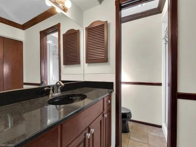 Bathroom featuring vanity, toilet, and crown molding