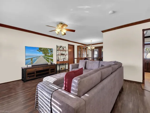 Living room featuring ceiling fan with notable chandelier, dark hardwood / wood-style flooring, and ornamental molding