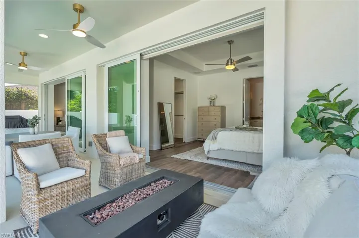 outdoor living room with newremote controlled ceiling fan and led lighting