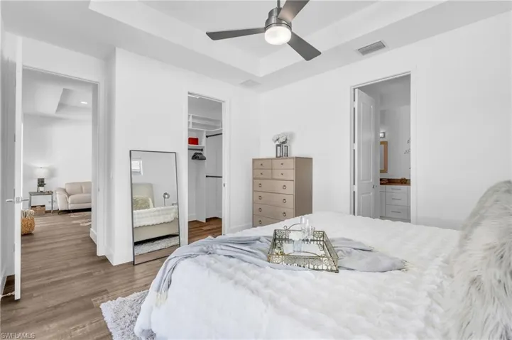 Bedroom with ensuite bathroom, hardwood / wood-style floors, a spacious walk in closet, a raised ceiling