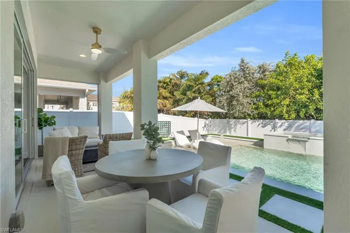View of patio / terrace featuring a fenced in pool, an outdoor hangout area, including grill area, dining space and living area complete with ceiling fans