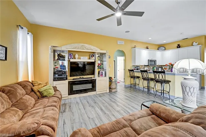 Living area featuring a ceiling fan, wood tile style flooring, and plenty of natural light
