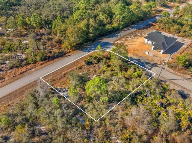 View of property location with property parcel outlined and a heavily wooded area