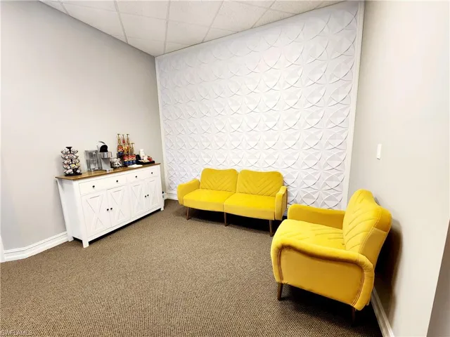 Living area featuring a paneled ceiling, carpet flooring, and an accent wall