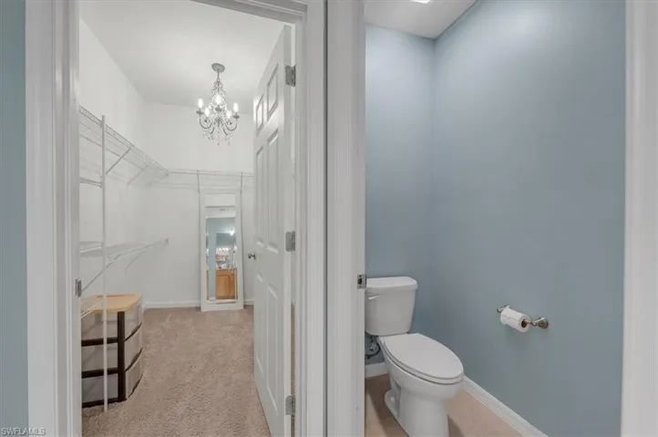 Walk-in closet with carpet flooring, wire shelving, and a chandelier light fixture
