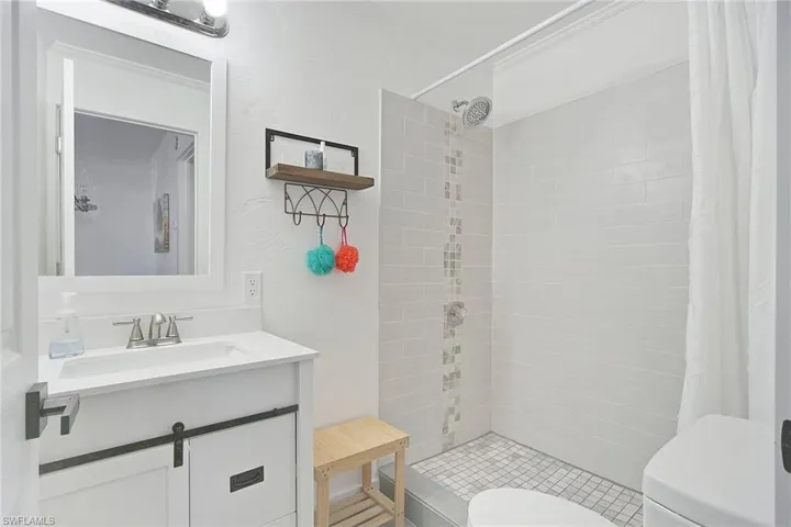 Bathroom featuring toilet, vanity, and walk in shower