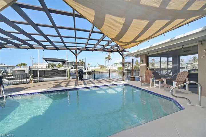 View of swimming pool, boat dock, a patio, and a water view