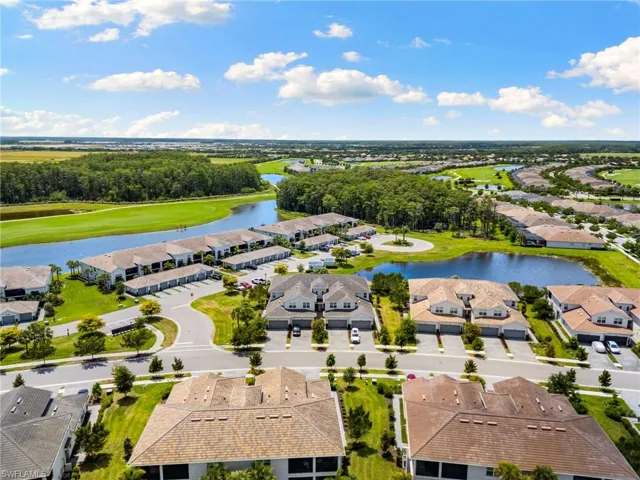 Aerial perspective showcasing residential properties and water features