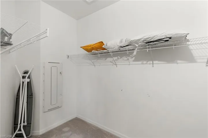 Walk-in closet featuring wire shelving, wall-mounted electrical panel, and carpet flooring