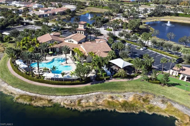 Aerial perspective of suburban area featuring a large body of water