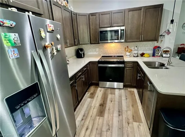 Kitchen featuring kitchen peninsula, light wood-type flooring, dark brown cabinetry, and stainless steel appliances
