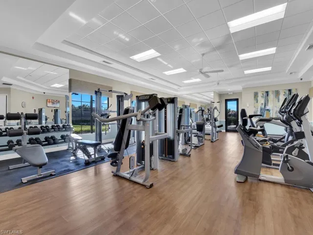 Exercise room with a paneled ceiling, a ceiling fan, wood finished floors, and a tray ceiling