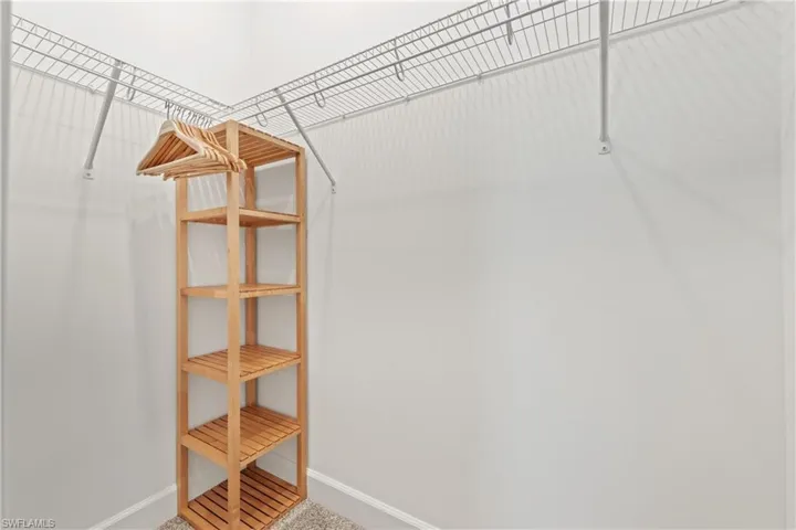 Walk-in closet featuring wire shelving, white walls, and carpet flooring