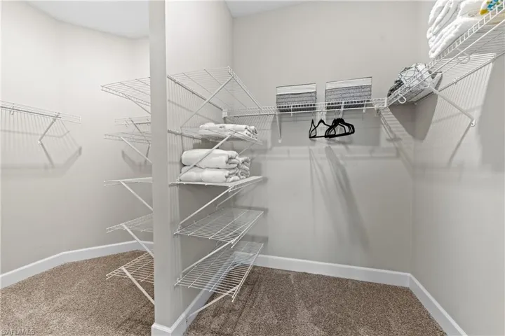 Walk-in closet featuring light gray walls, white wire shelving, white baseboards, and brown carpet flooring
