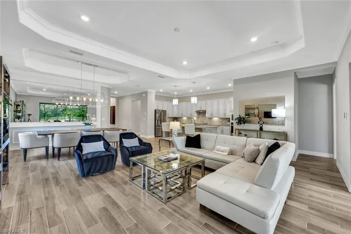 Living room featuring a tray ceiling, ornamental molding, and light hardwood / wood-style floors