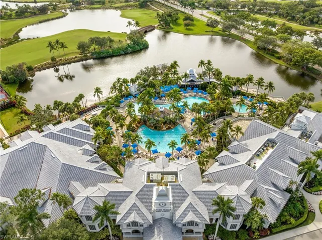 Aerial view of a nearby body of water and a local golf course