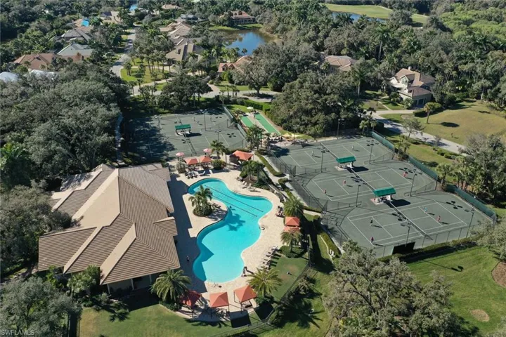 Aerial view of fitness center, community pool and tennis courts