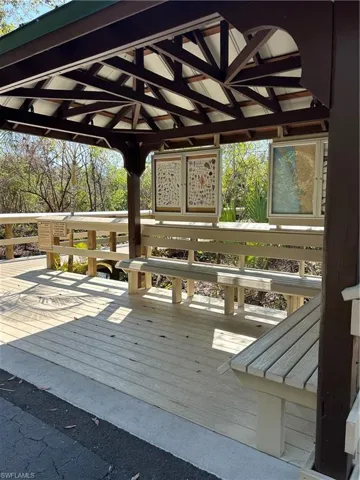 Gazebo and Bench at the entrance of the winding boardwalk.