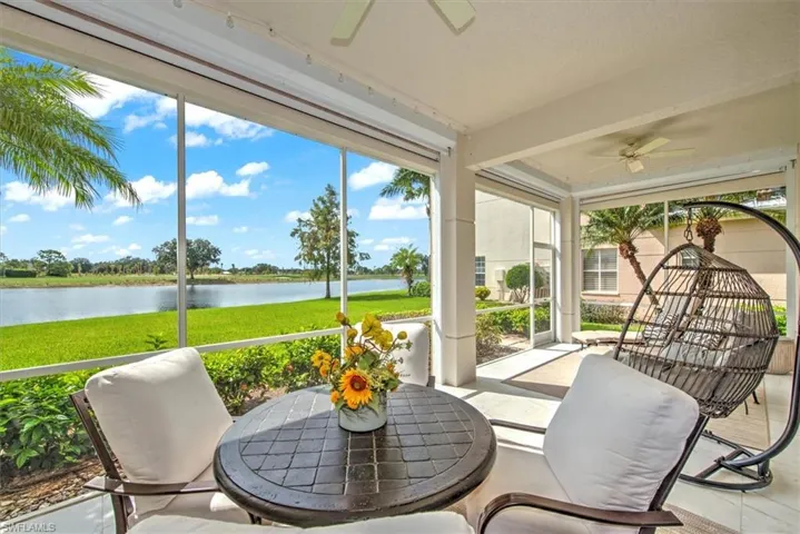 Sunroom / screened lanai featuring a water view, ceiling fans and electric storm screens